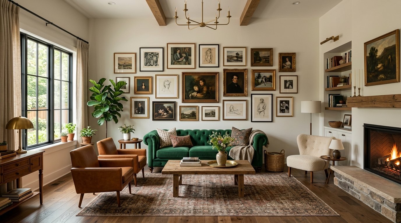 A gallery wall above a green tufted sofa with leather armchairs and a fireplace in a cozy home interior.