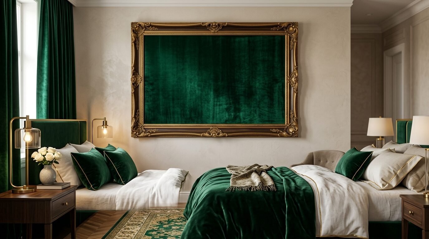 A bedroom wall featuring a massive empty green velvet canvas framed in intricate vintage gold molding.