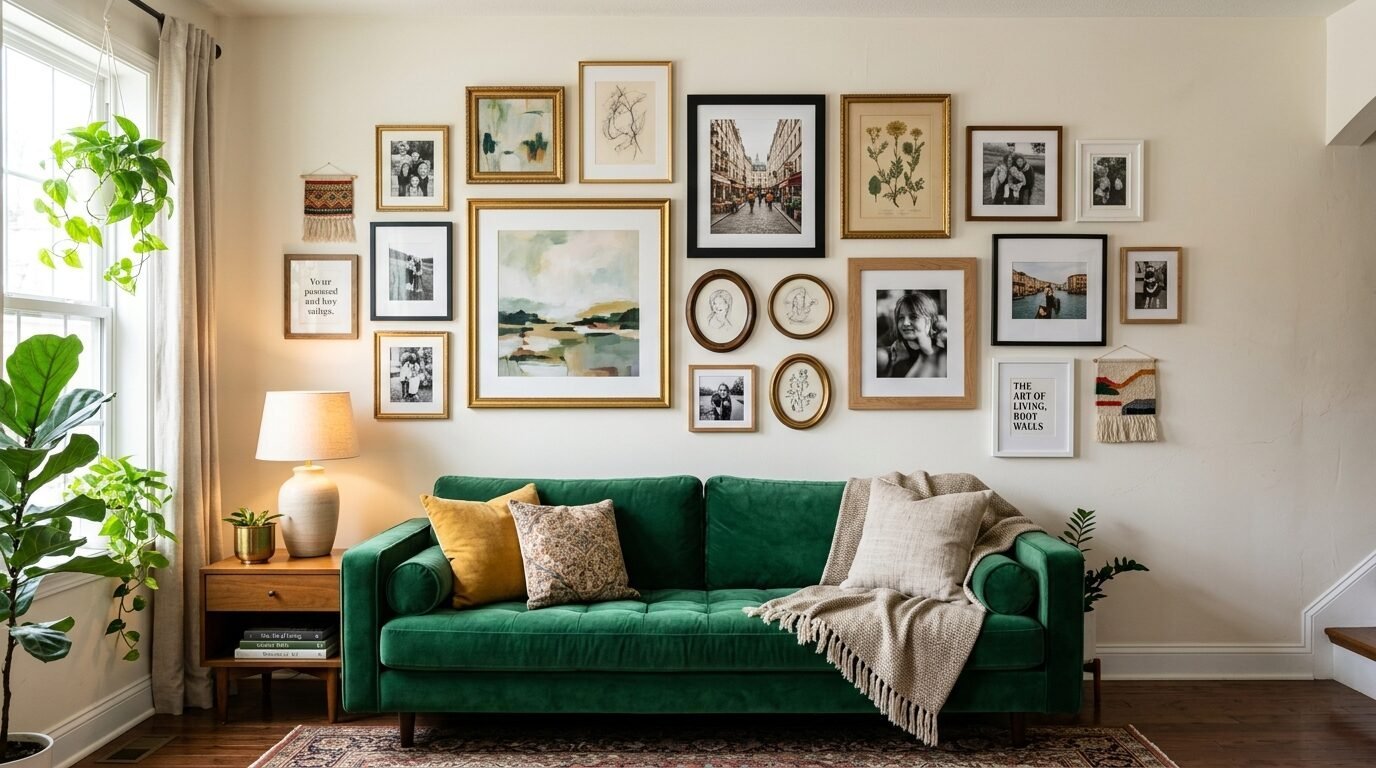 An emerald green couch with accent pillows sits below a wall decorated with various framed art and family photos.