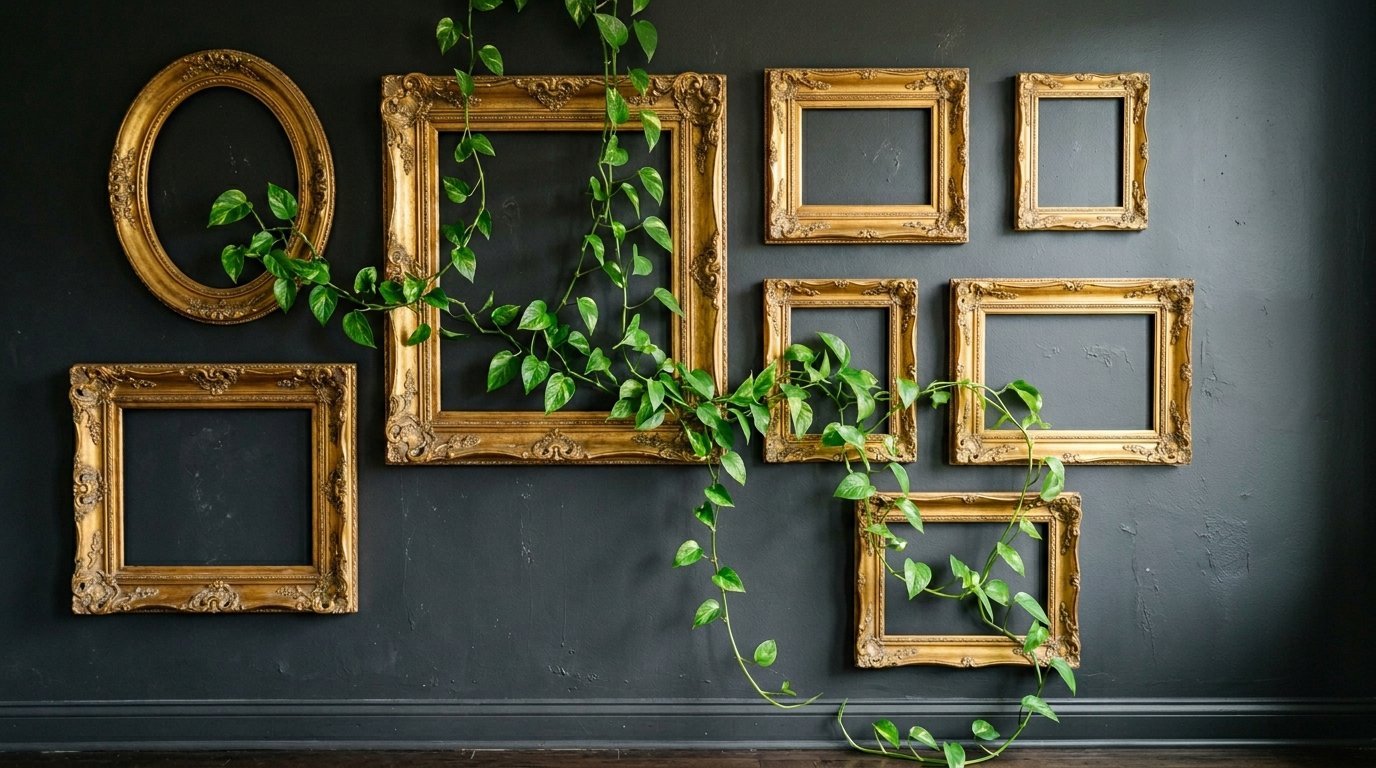 A dark wall decorated with several ornate gold empty picture frames and trailing green plant vines.