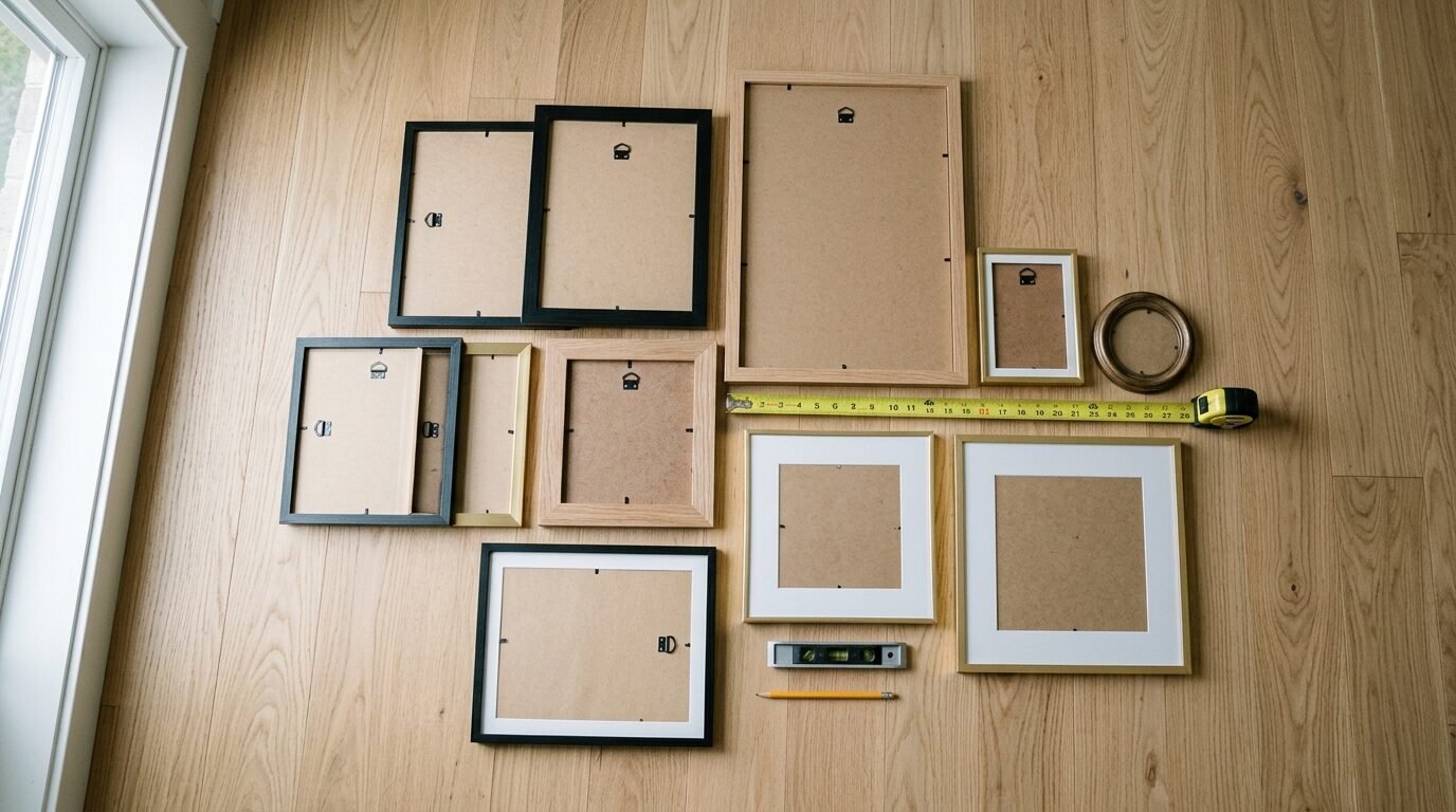 Selection of empty photo frames with measuring tape, level, and pencil laid out on a hardwood floor for gallery wall planning.