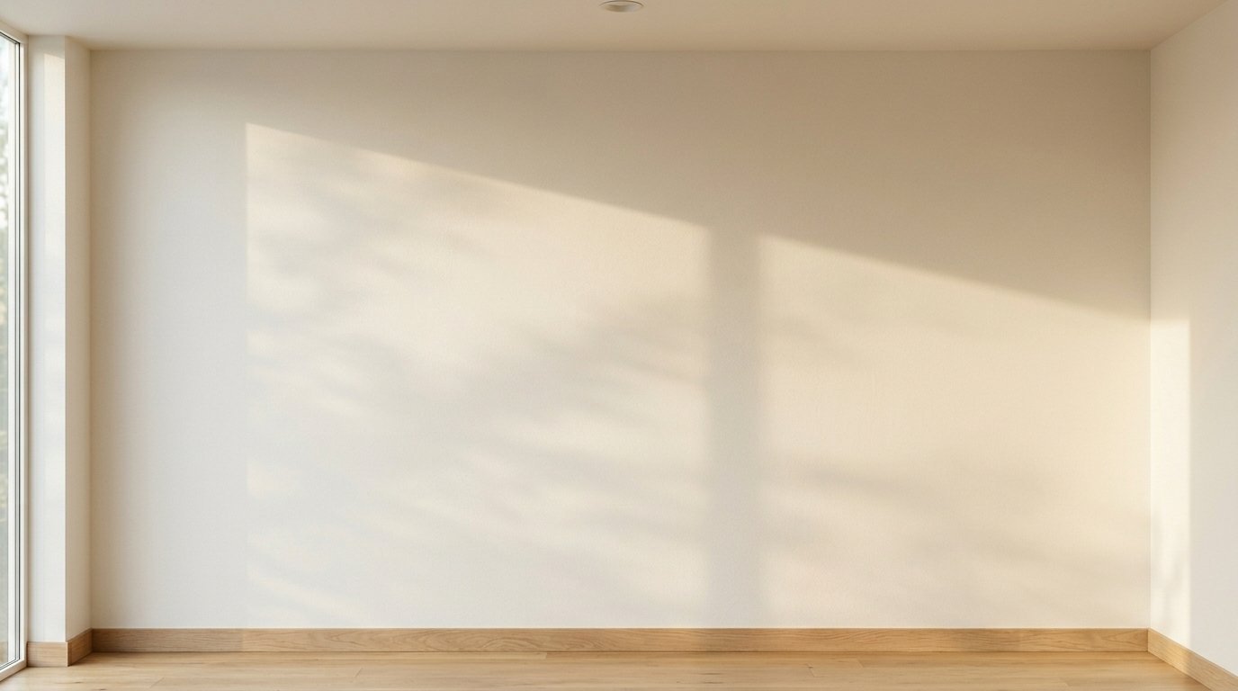 A blank beige wall in an empty room with natural light creating soft foliage patterns on the surface.