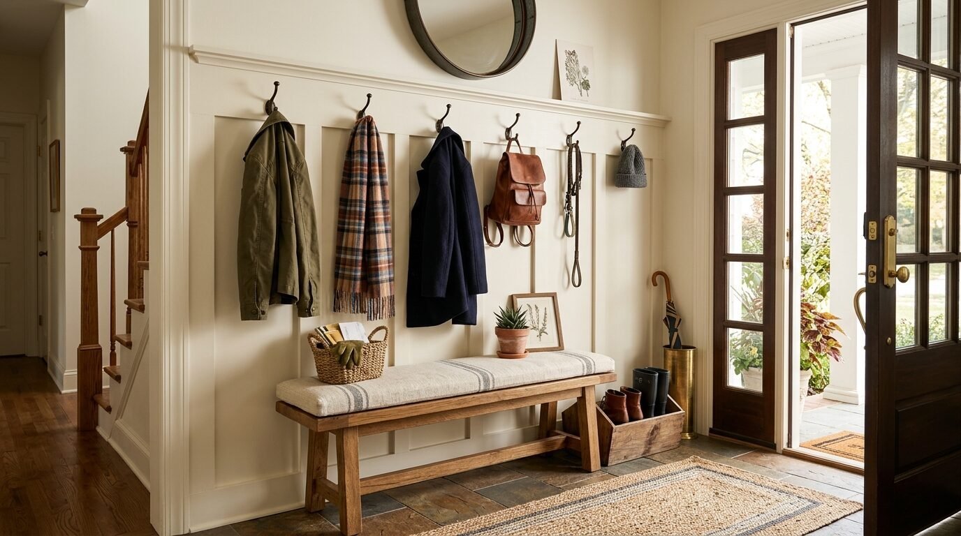 Wooden bench with coat rack, hanging jackets, a scarf, and a backpack in a bright, farmhouse-style home entryway.