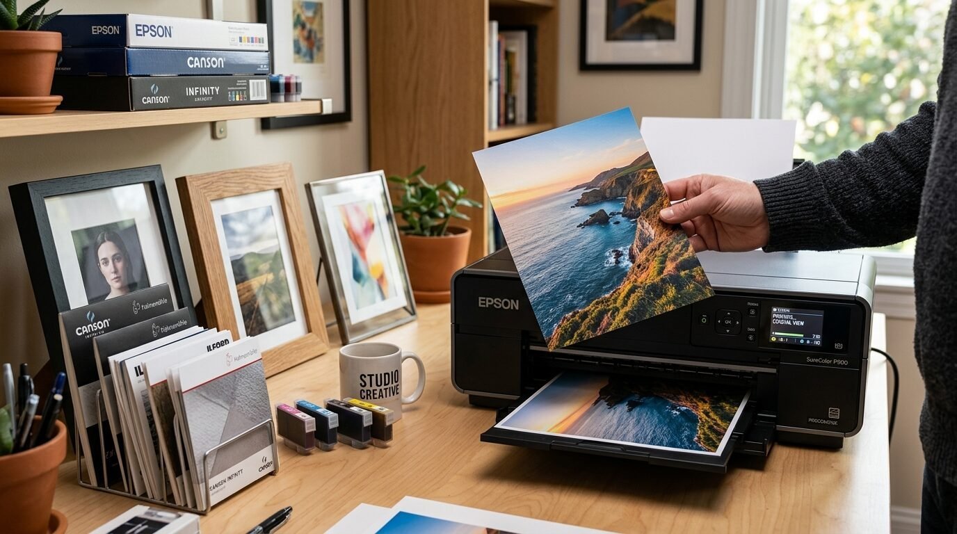 Close-up of hands holding a fresh landscape print next to a professional desktop photo printer on a wooden desk.