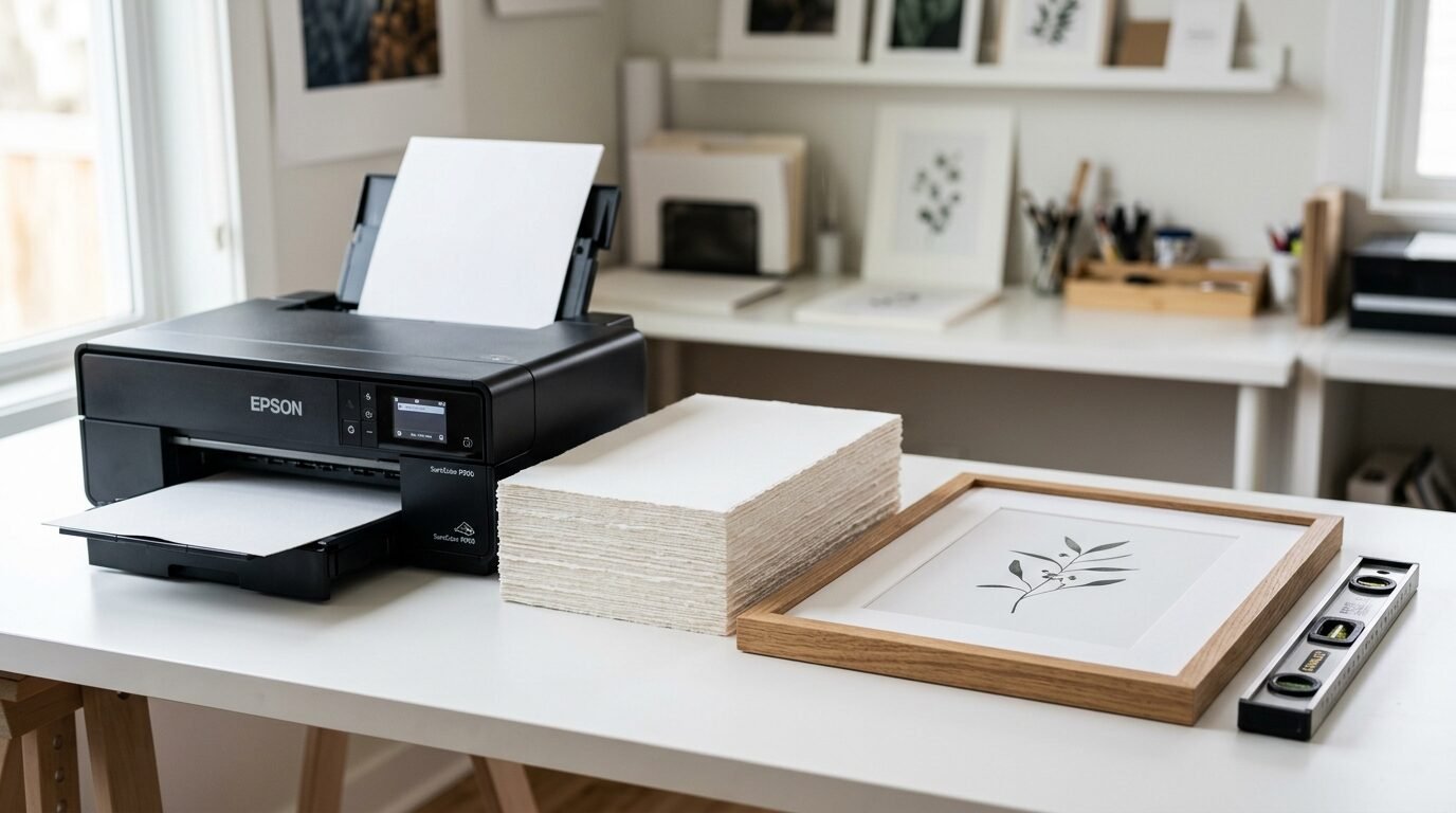 Black Epson printer on white desk next to a stack of textured art paper and a wooden framed floral sketch.