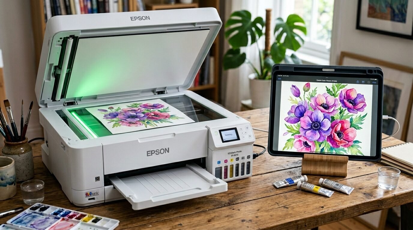 A white Epson inkjet printer scanning a floral painting, next to a tablet displaying the same artwork.