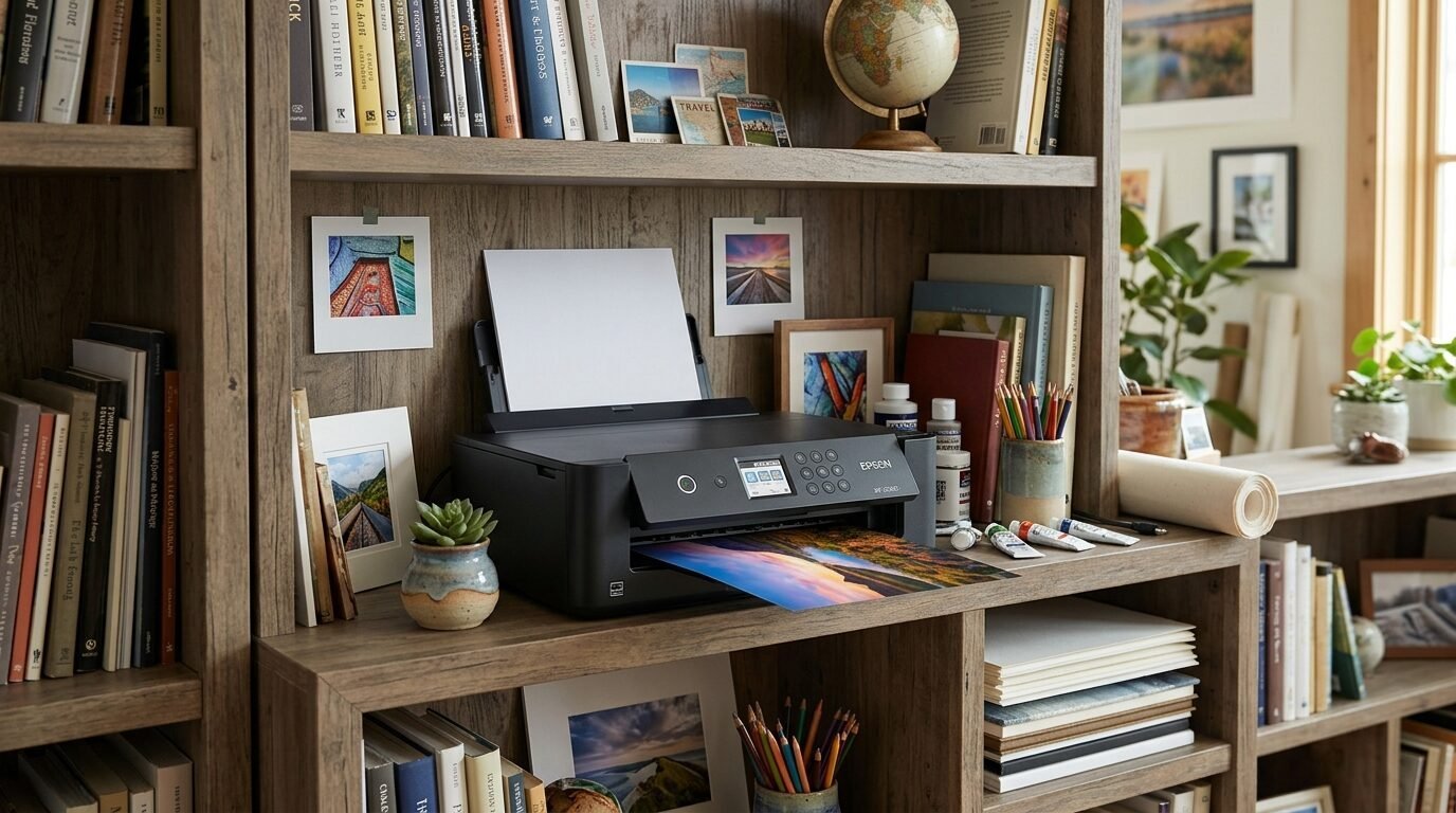 An Epson printer on a wooden bookshelf with a colorful landscape photo printing out among art supplies and books.