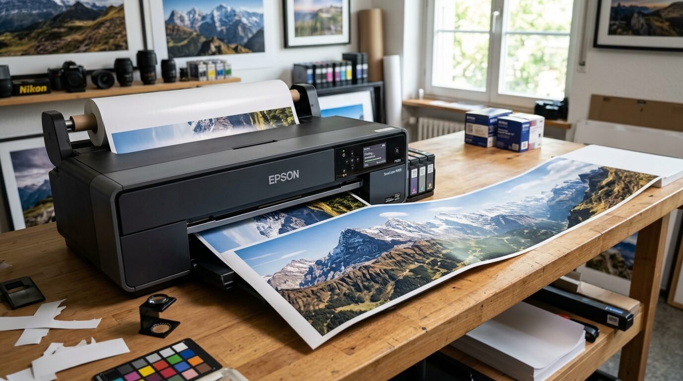 A professional Epson SureColor printer sits on a wooden desk outputting a long, high-resolution mountain photo.