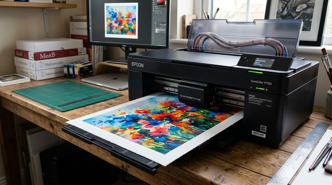 A black Epson professional inkjet printer outputting a colorful floral painting on heavy art paper.