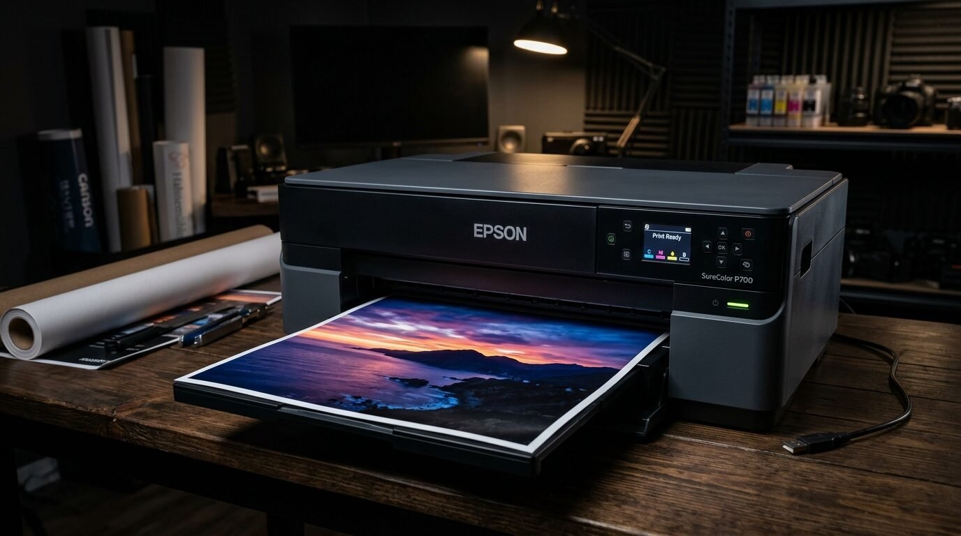 An Epson SureColor P700 printer on a dark wooden desk displaying a printed coastal landscape at dusk.