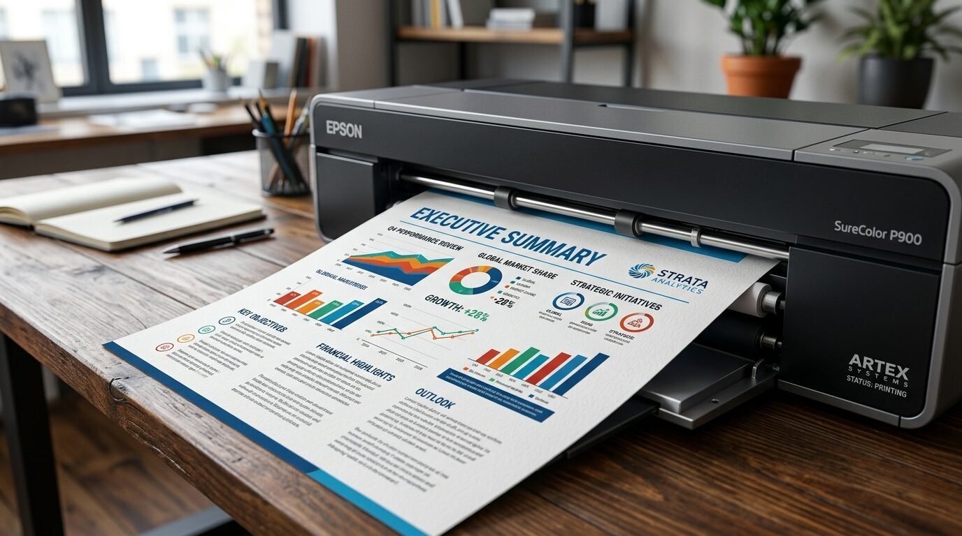 A professional printer outputting a business document featuring colorful performance charts and data graphs.