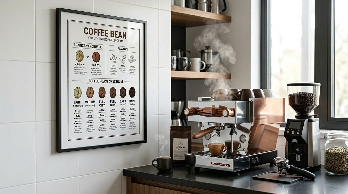 A La Marzocco espresso machine brewing fresh coffee next to a framed wall poster explaining coffee bean roast levels.