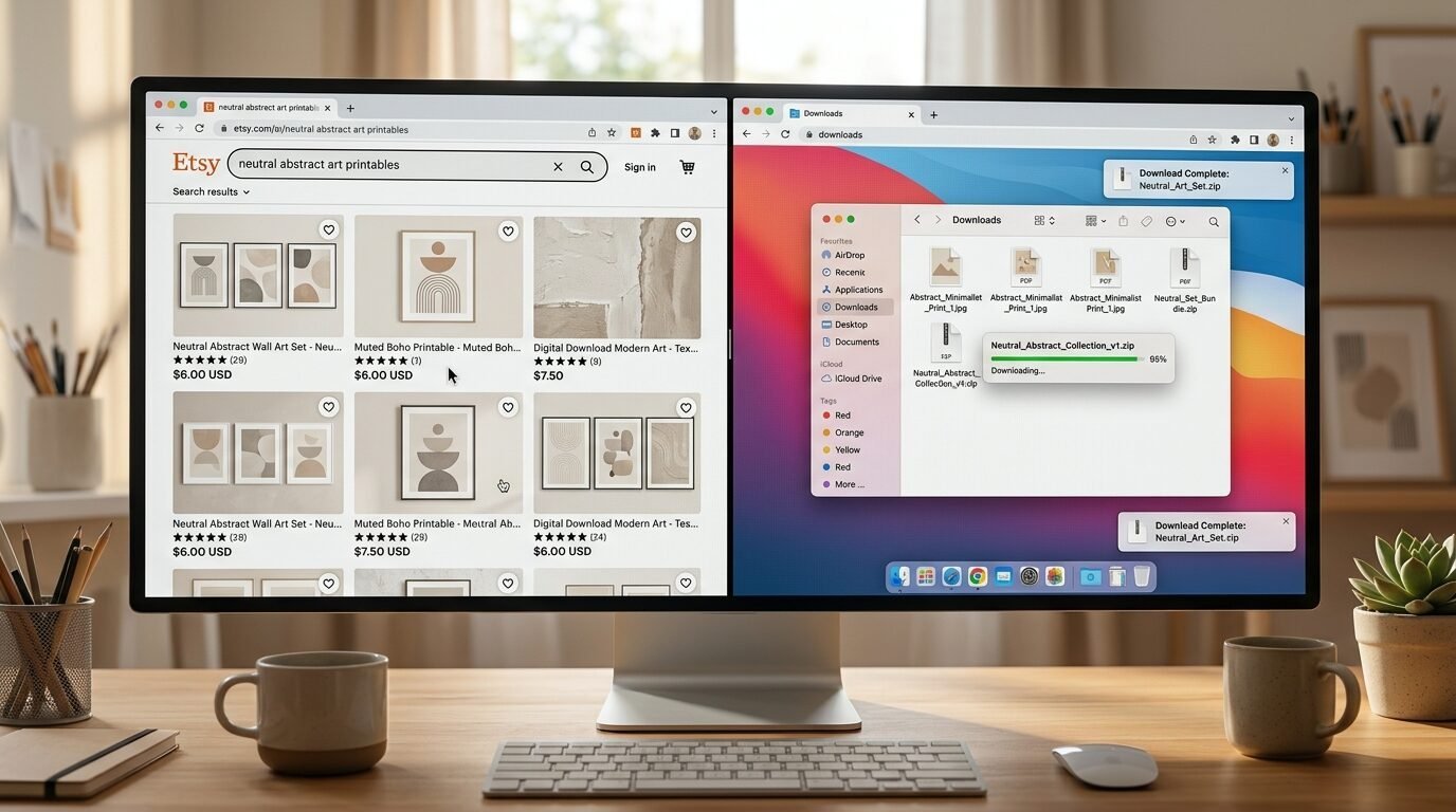 Split screen showing an Etsy page for printable wall art and a Mac finder window downloading a zip file.