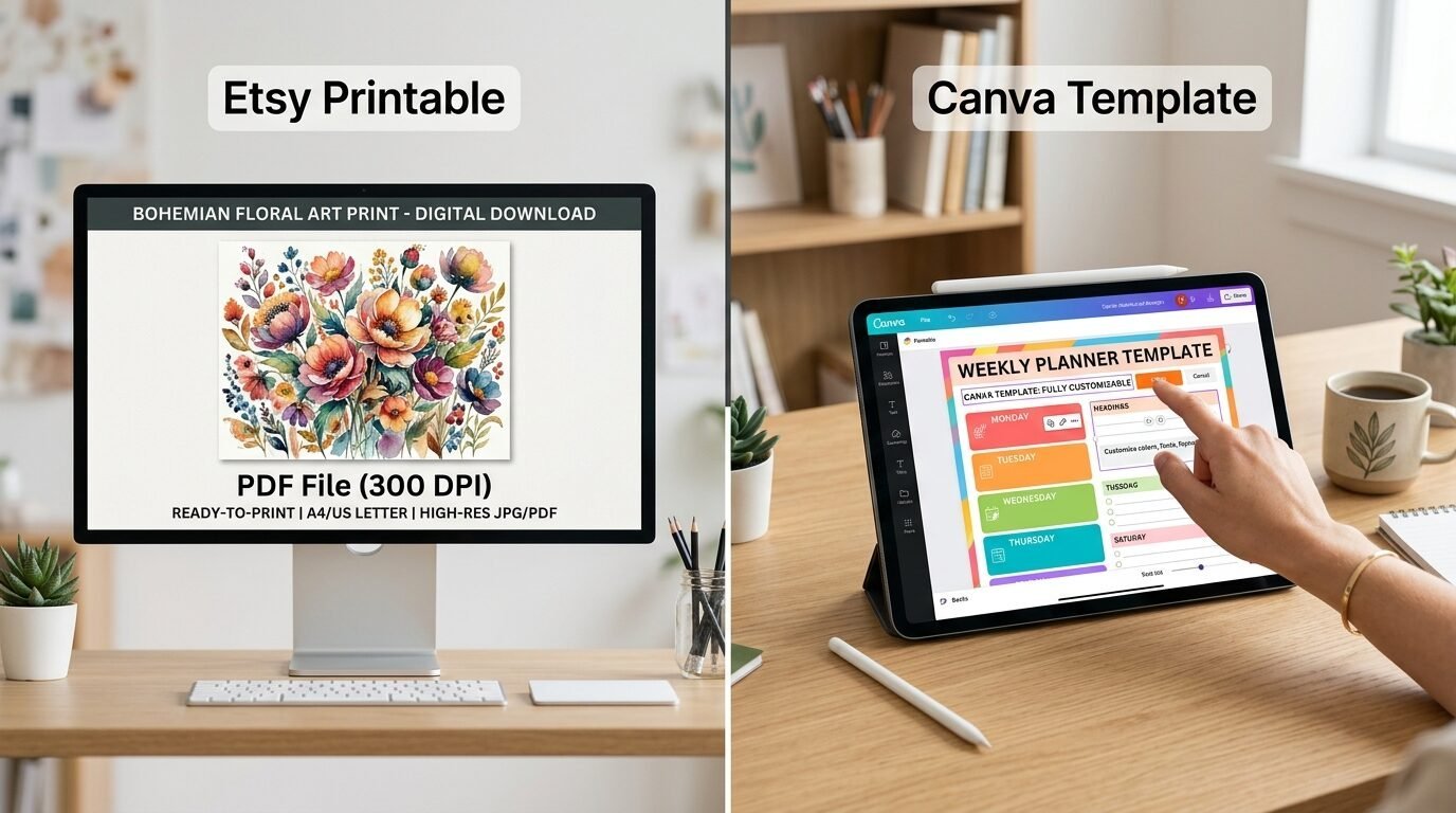 Comparison showing a bohemian flower art print on a computer and a weekly planner layout on a digital tablet.
