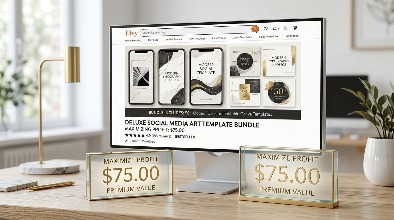Desktop monitor displaying an Etsy listing for a social media graphics bundle with gold and black designs.