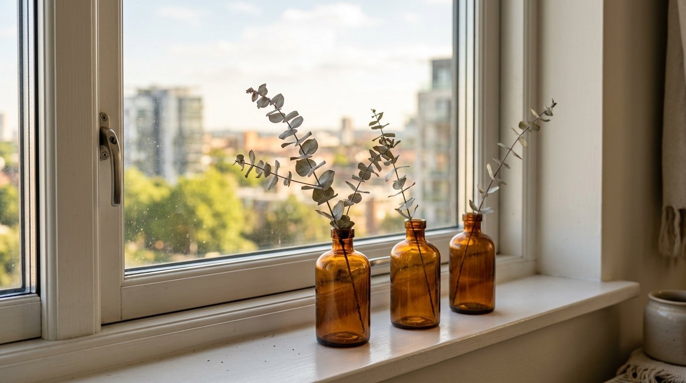 Decorative brown apothecary bottles with dried eucalyptus leaves sitting on a white window ledge overlooking a city.