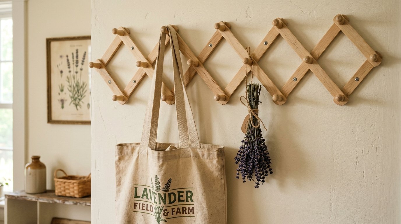 An expandable wooden peg coat rack mounted on a beige wall with a tote bag and a bundle of lavender hanging from it.