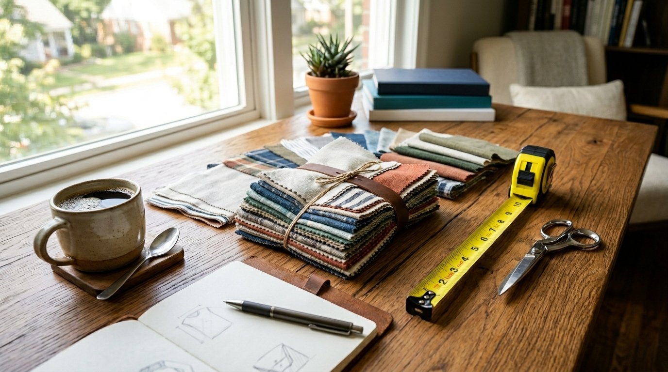 Coffee, sewing scissors, measuring tape, and a stack of fabric swatches sitting on a rustic wooden table.