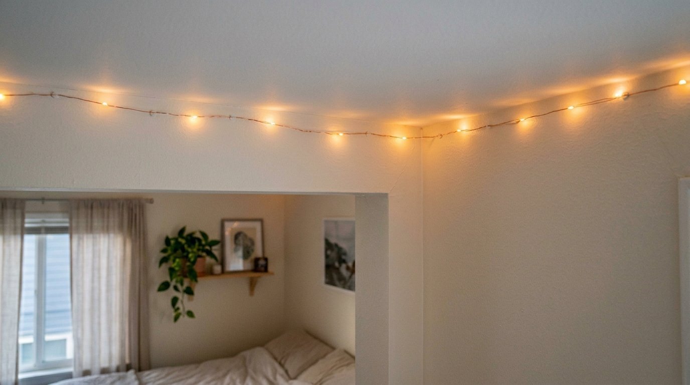 Thin string of glowing fairy lights hanging along the top edge of a bedroom wall.