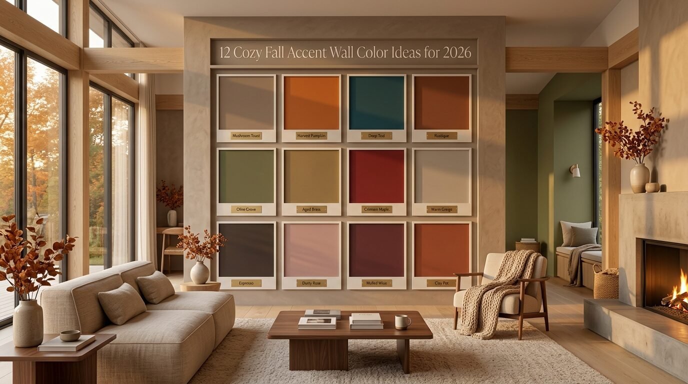 A living room interior featuring a wall display of twelve framed paint swatches in autumnal shades.