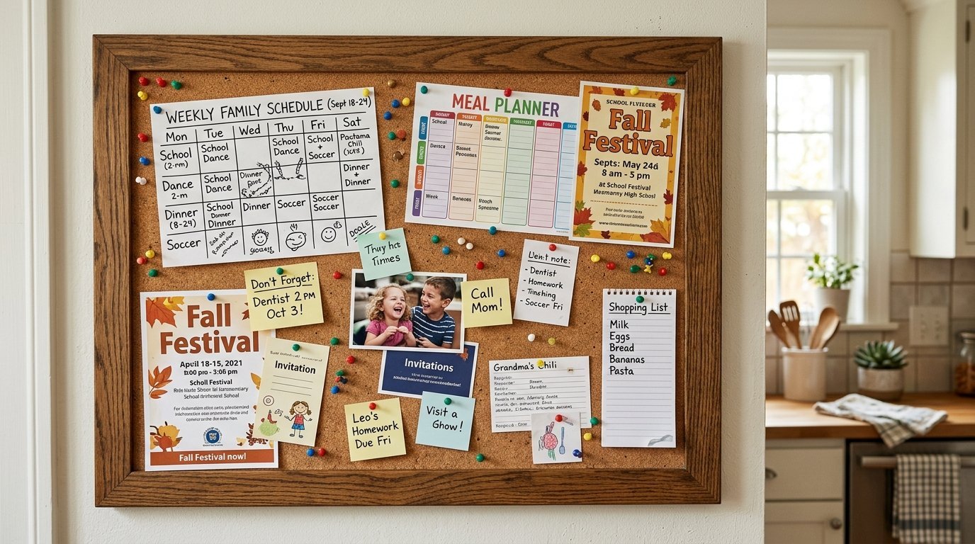 A framed corkboard displaying a weekly schedule, meal planner, school event flyers, photos, and a shopping list.
