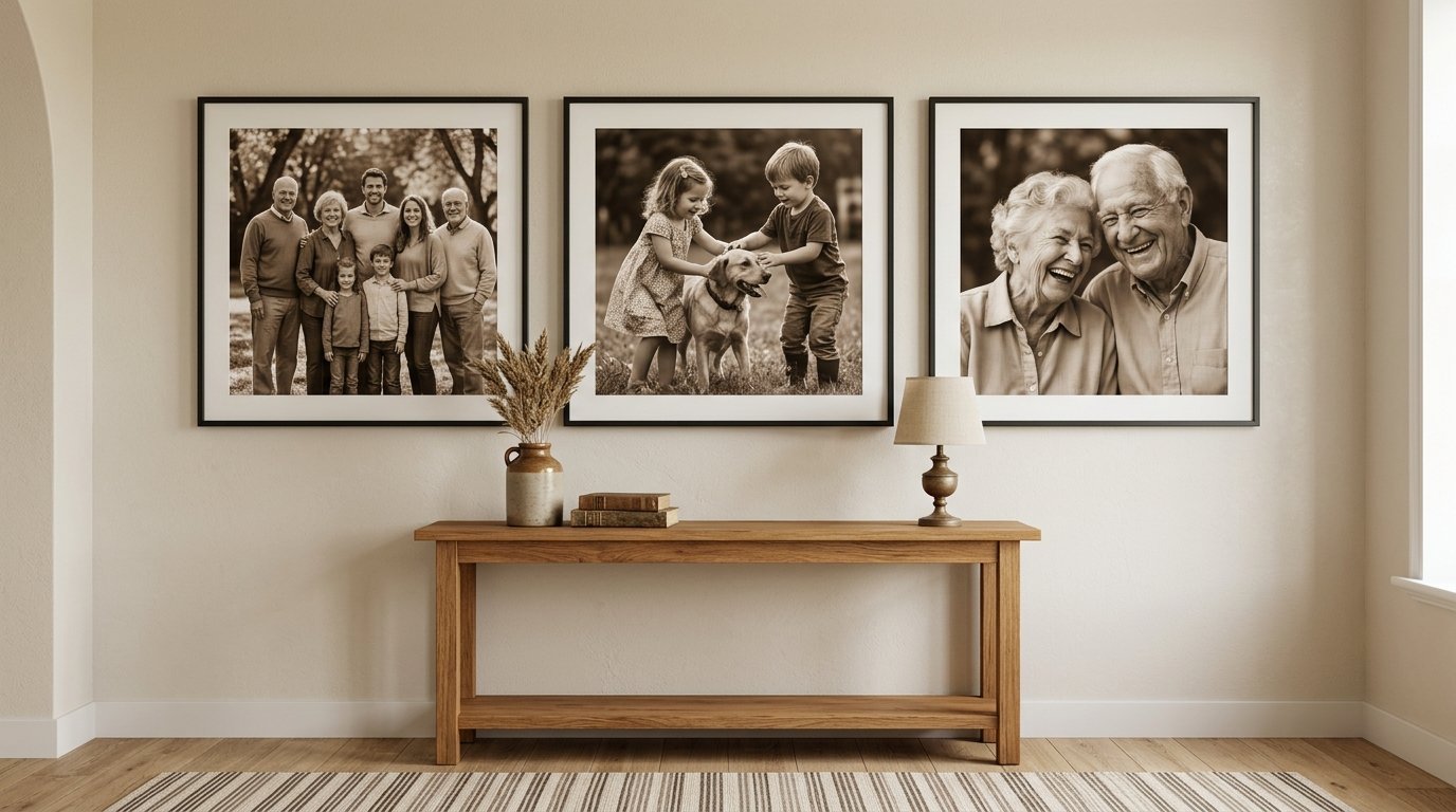 Gallery wall featuring three large framed photos of families and a child with a dog above a wooden hall table.