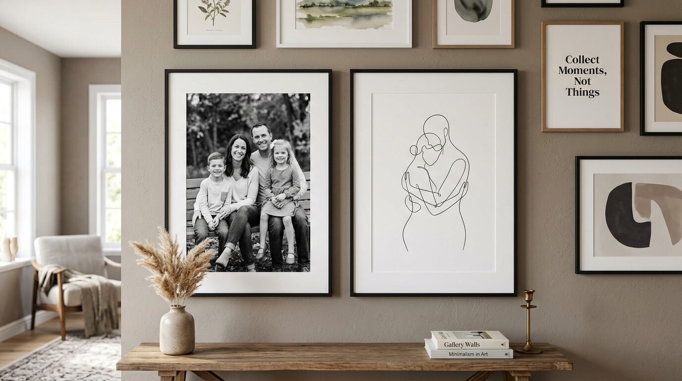 Gallery wall above a wooden table with a family photo and abstract line art of an embracing couple.
