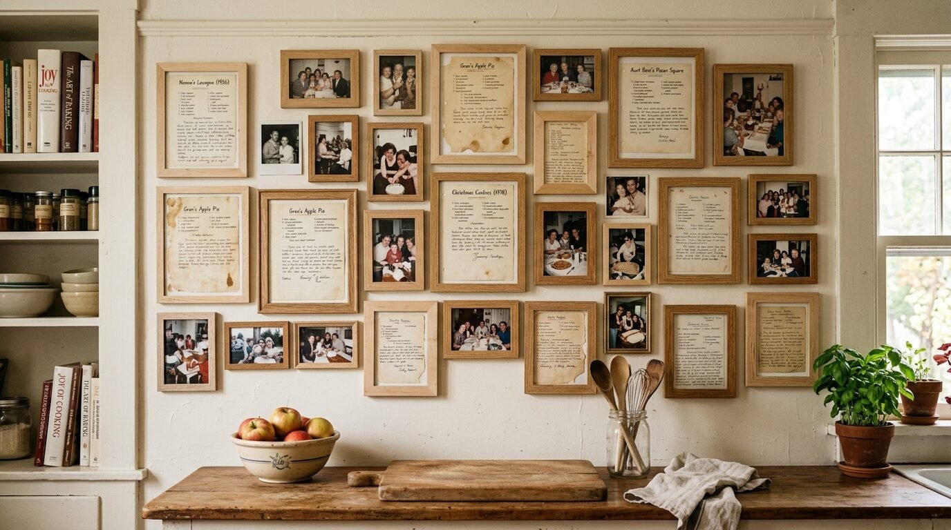 A gallery wall featuring framed antique recipe cards and black-and-white family photographs in a rustic kitchen.