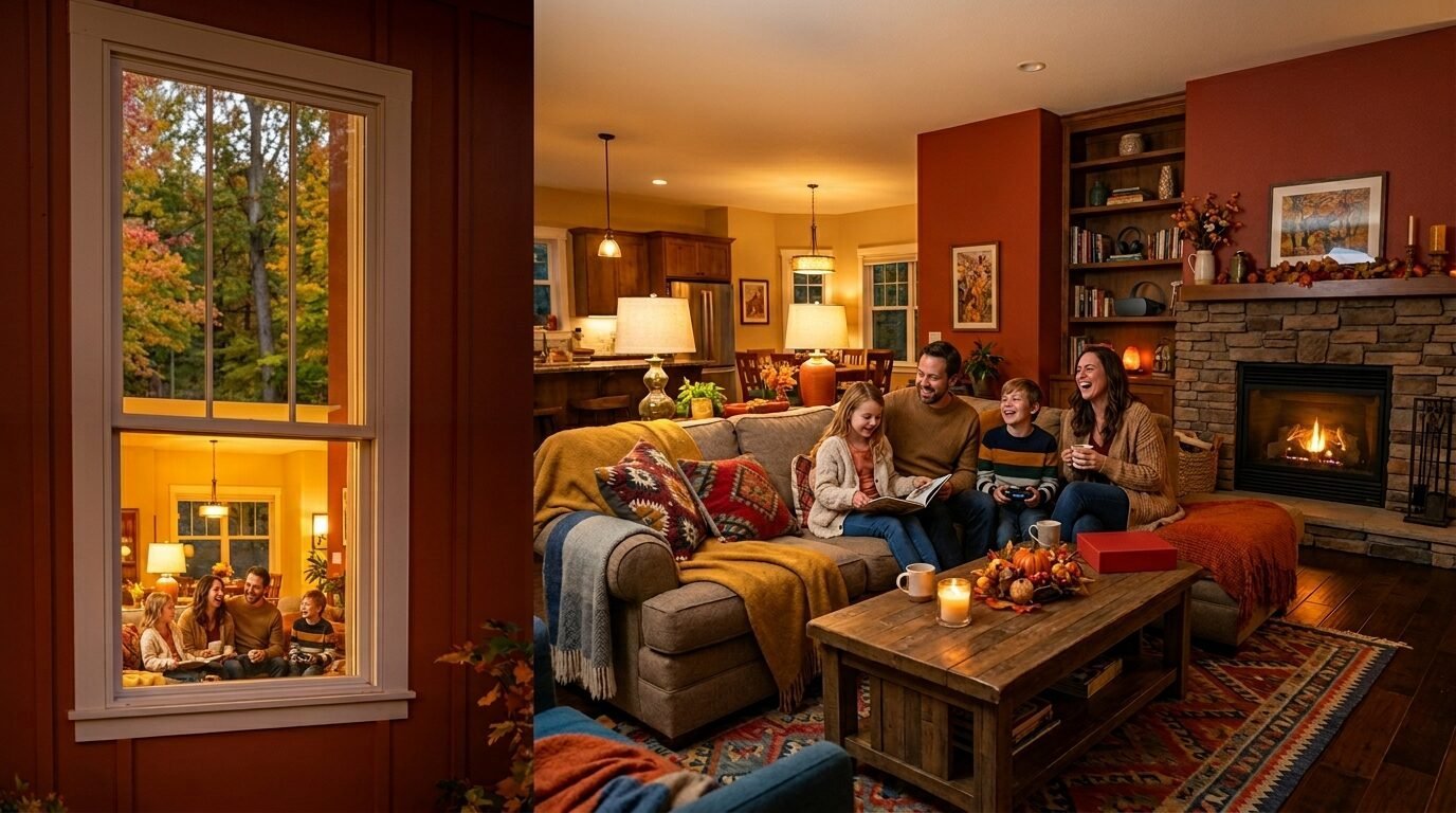 Parents and two children sitting on a sectional sofa in front of a stone fireplace, with a view from the window outside.