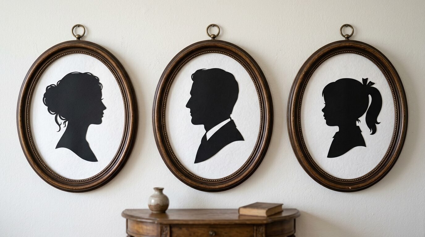 Black paper profiles of a woman, a man, and a young girl displayed in vintage oval wood frames.