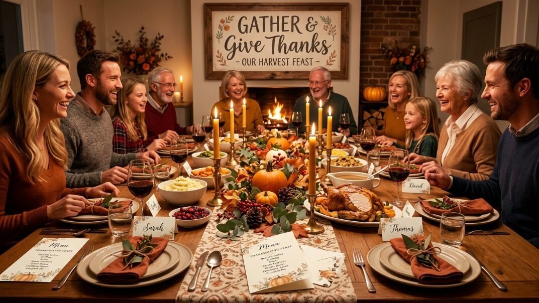 Multigenerational family laughing and talking during a cozy Thanksgiving dinner with candles and a turkey centerpiece.