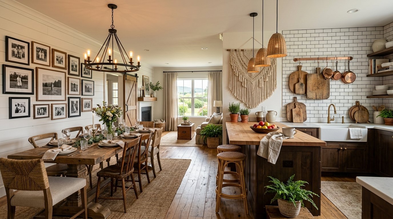 Open concept kitchen and dining room featuring a wood table, gallery wall, and a large kitchen island with bar stools.