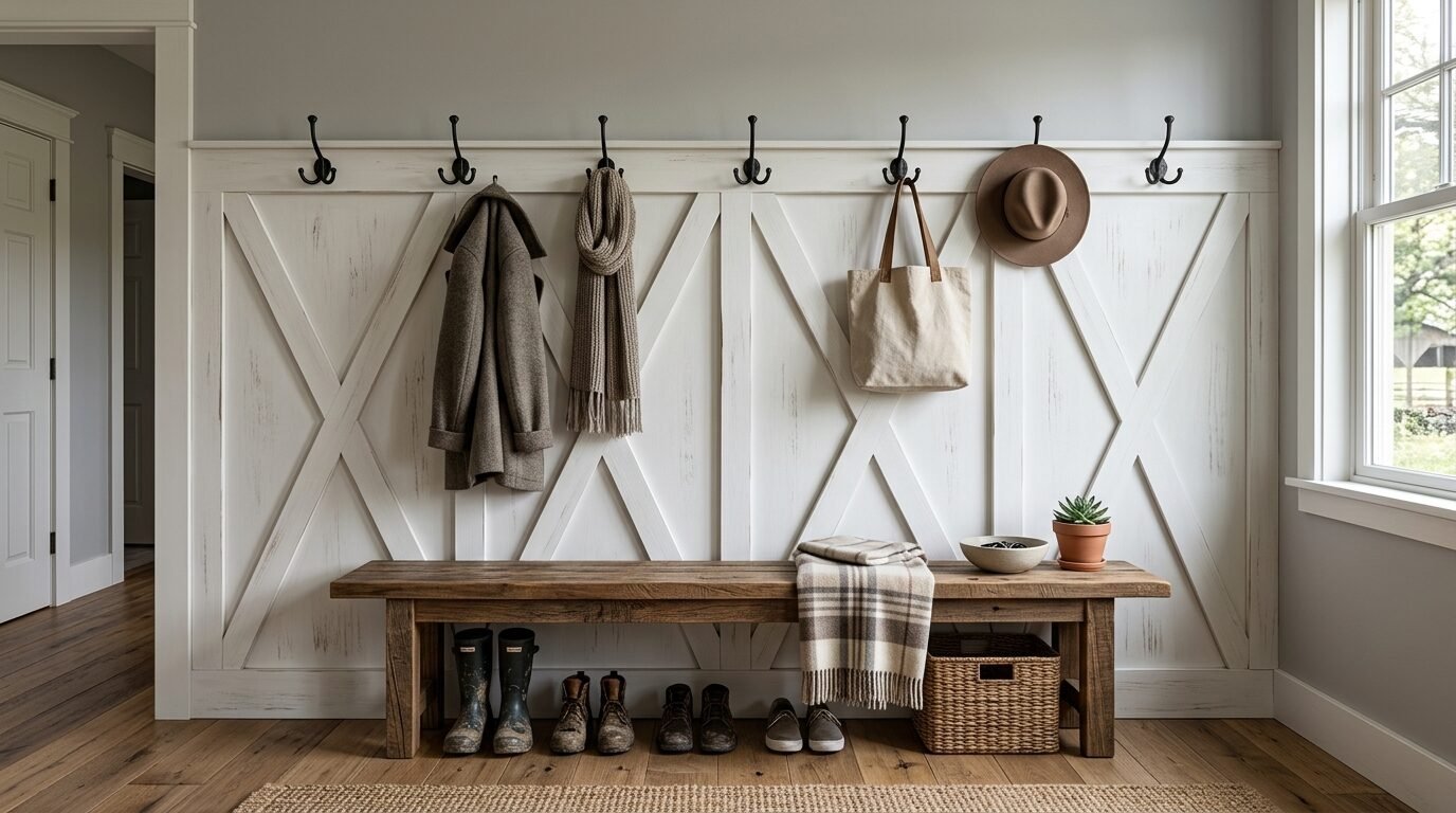A rustic wooden bench sits below white barn door style wall paneling with coats, a scarf, and a hat hung on hooks.