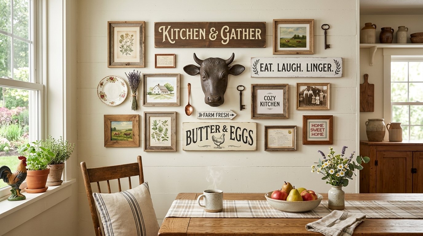 Farmhouse dining room wall gallery with a cow head sculpture, wooden signs, and botanical prints.