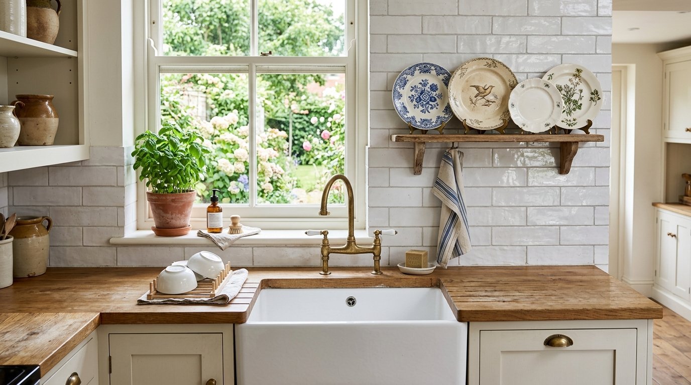 White apron sink below a window with potted basil and decorative plates on a wooden shelf above tiled walls.