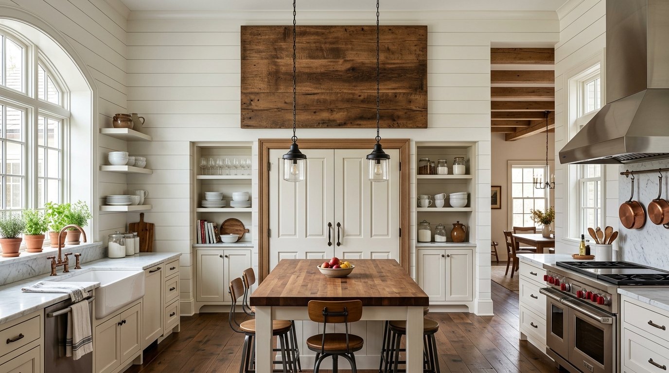 A white kitchen with ship-lap walls, a central wooden island, and an arched window overlooking an herb garden.