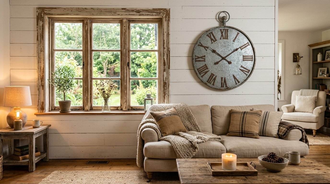 Bright living room with white shiplap walls, a beige sofa, and a large round metal clock hanging above it.