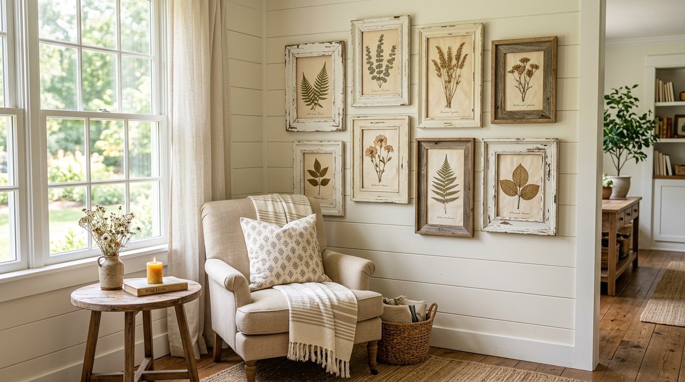 A beige armchair sits beside a window with a gallery wall of framed pressed plant illustrations in a rustic room.