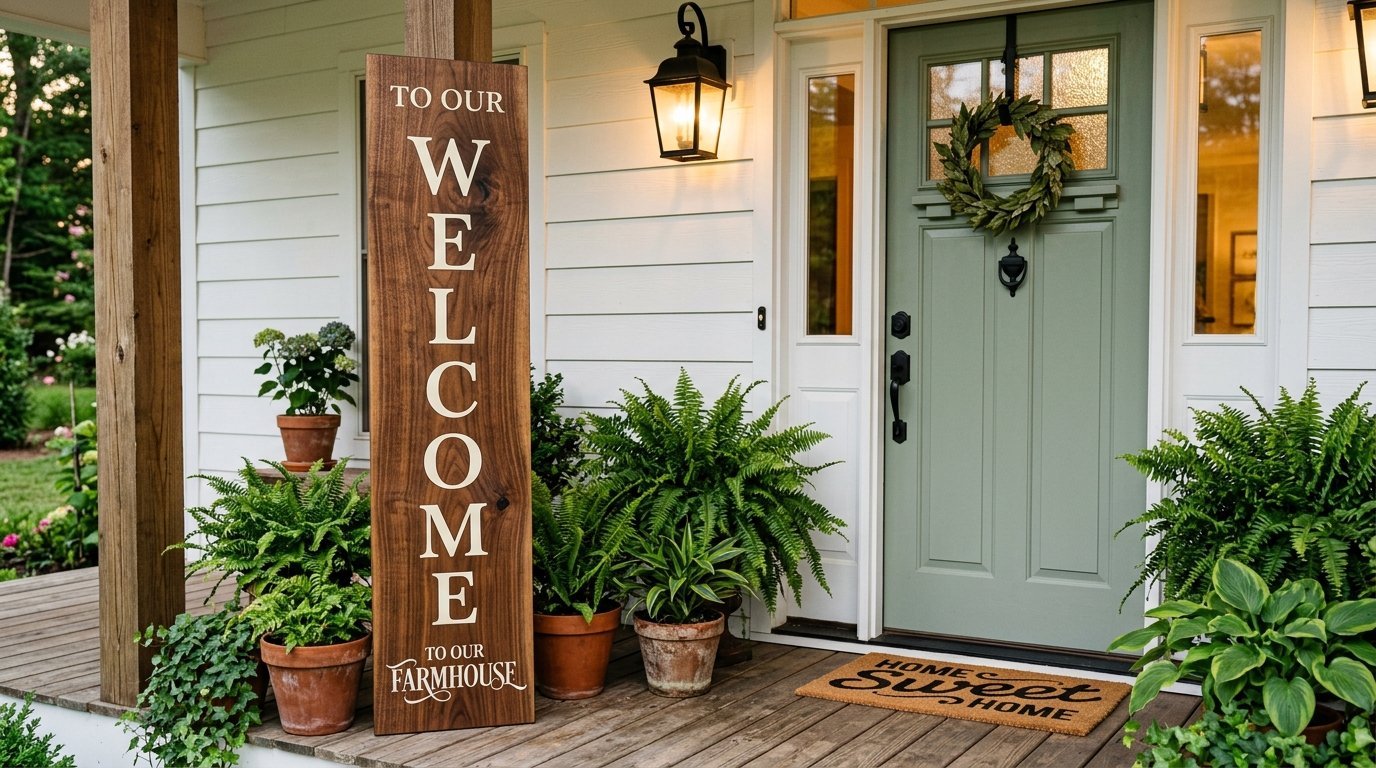 Tall walnut welcome sign leaning by a sage green door with potted ferns and a coir doormat.