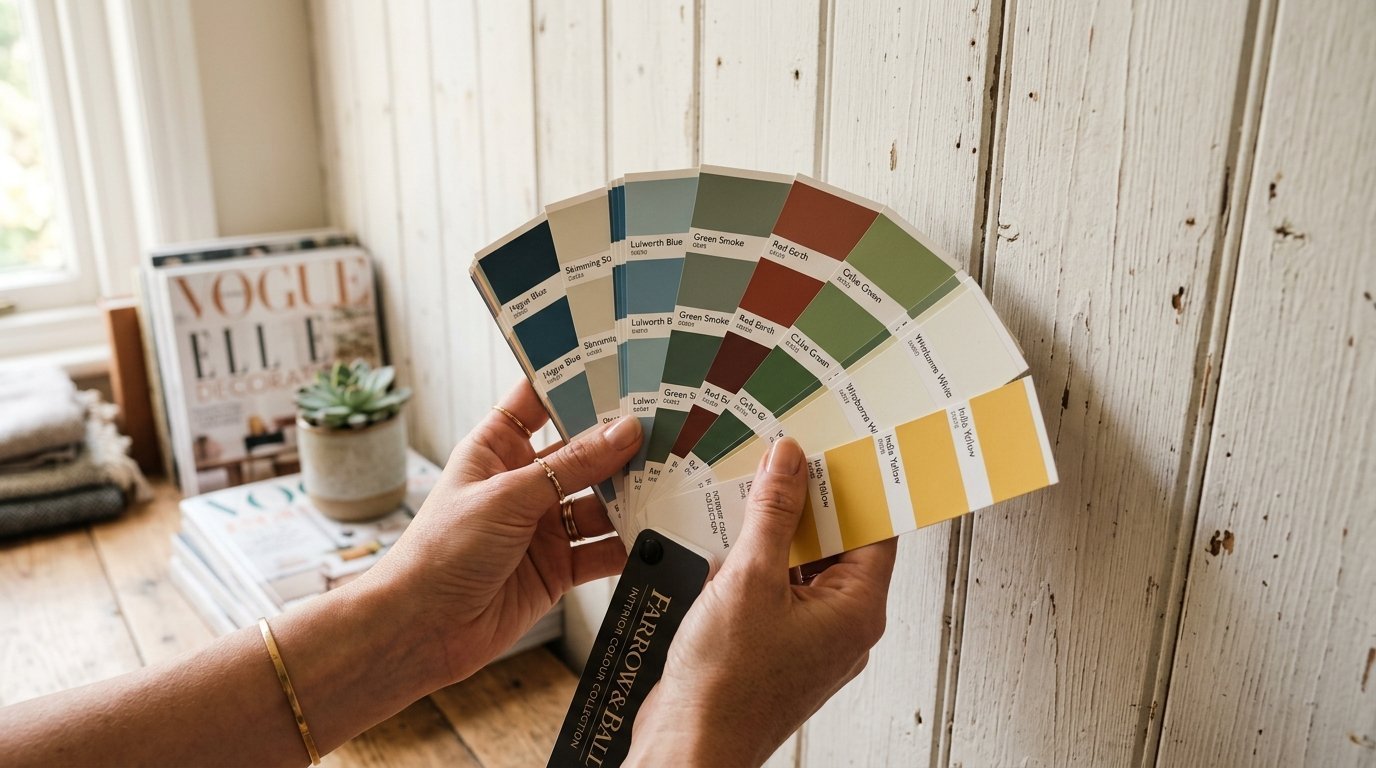 Close-up of a person holding a Farrow and Ball paint color sample fan against a rustic white wooden wall.