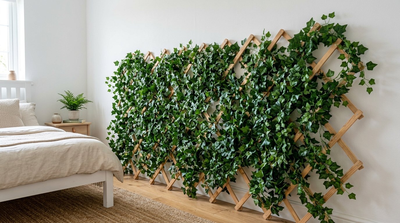 Wooden expanding trellis covered in faux green ivy leaves mounted on a bedroom wall beside a bed.