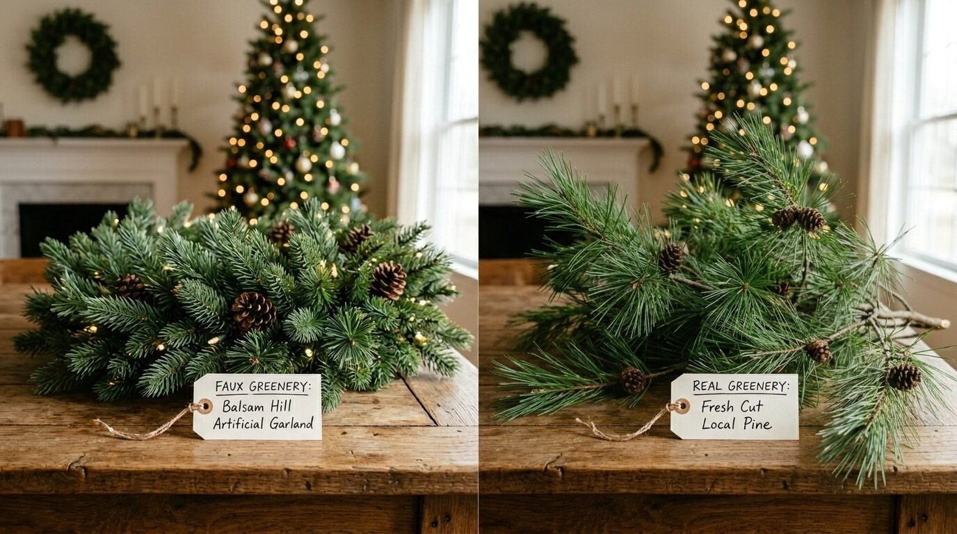 Comparison showing an artificial wreath next to fresh cut pine branches on a wooden table.