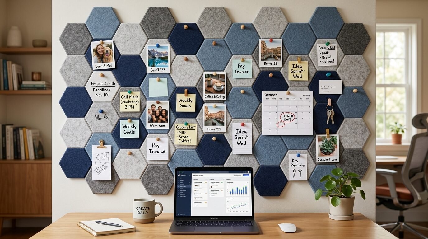 A desk with a laptop in front of a blue and grey felt hexagonal pinboard covered with notes, photos, and a calendar.