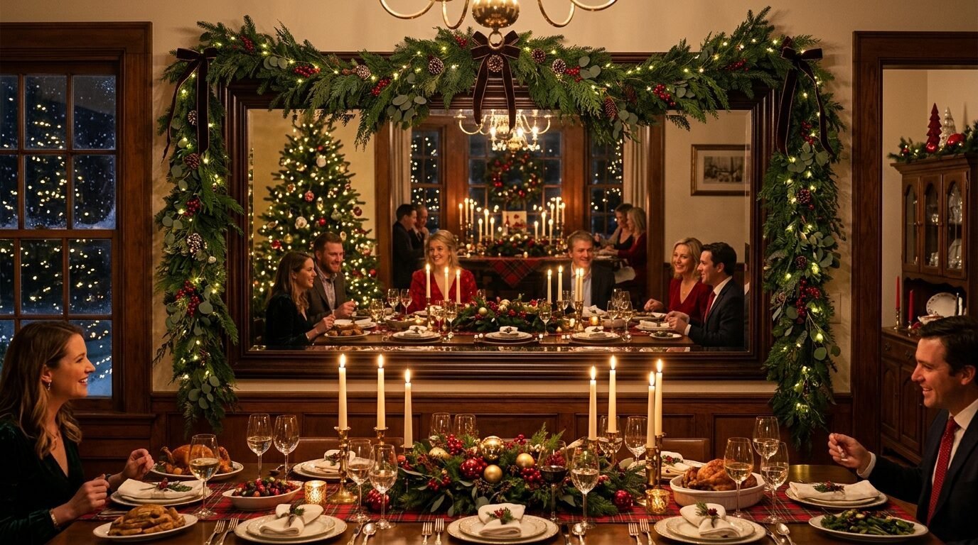 A group of people enjoying a holiday meal in a dining room reflected in a mirror with festive garland.