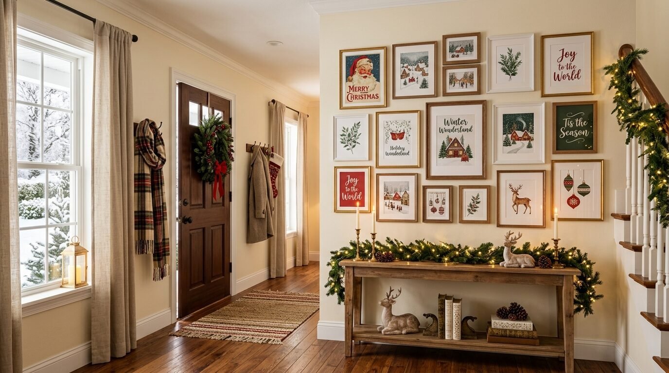 A rustic foyer featuring a gallery wall of holiday prints above a wooden console table adorned with greenery and lights.