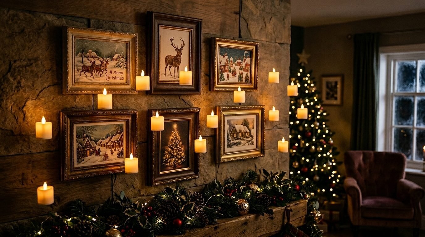 Stone wall gallery featuring framed Christmas art, floating pillar candles, and an illuminated pine tree.