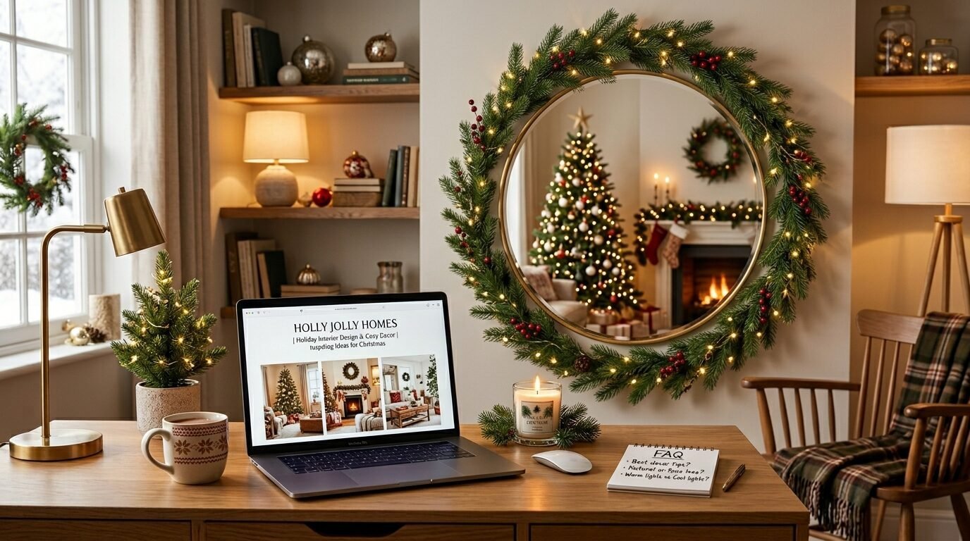 A wooden desk with a laptop displaying holiday home decor ideas, a lit candle, and a circular Christmas wreath mirror.