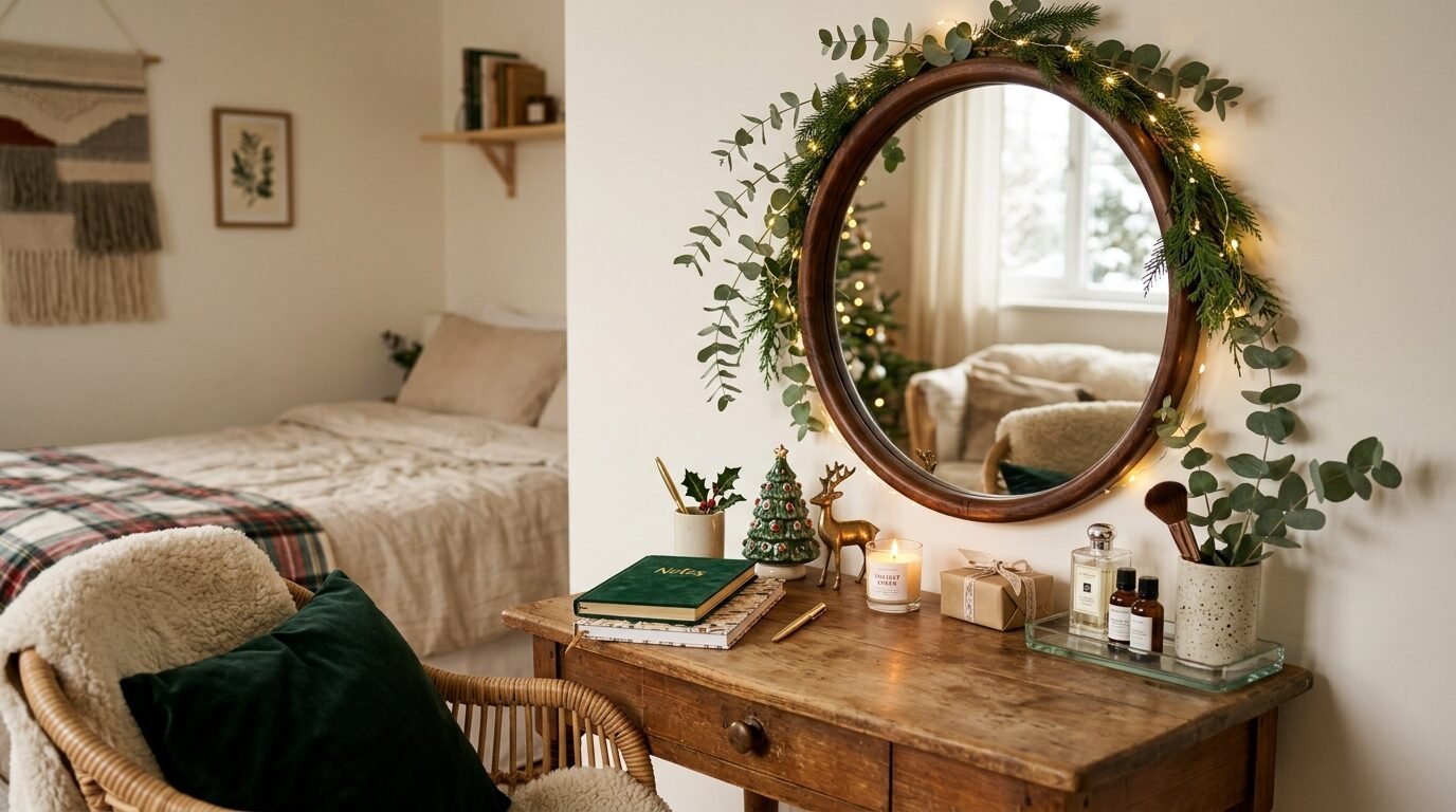 Wooden vanity table with a circular mirror decorated with eucalyptus and fairy lights in a festive bedroom.