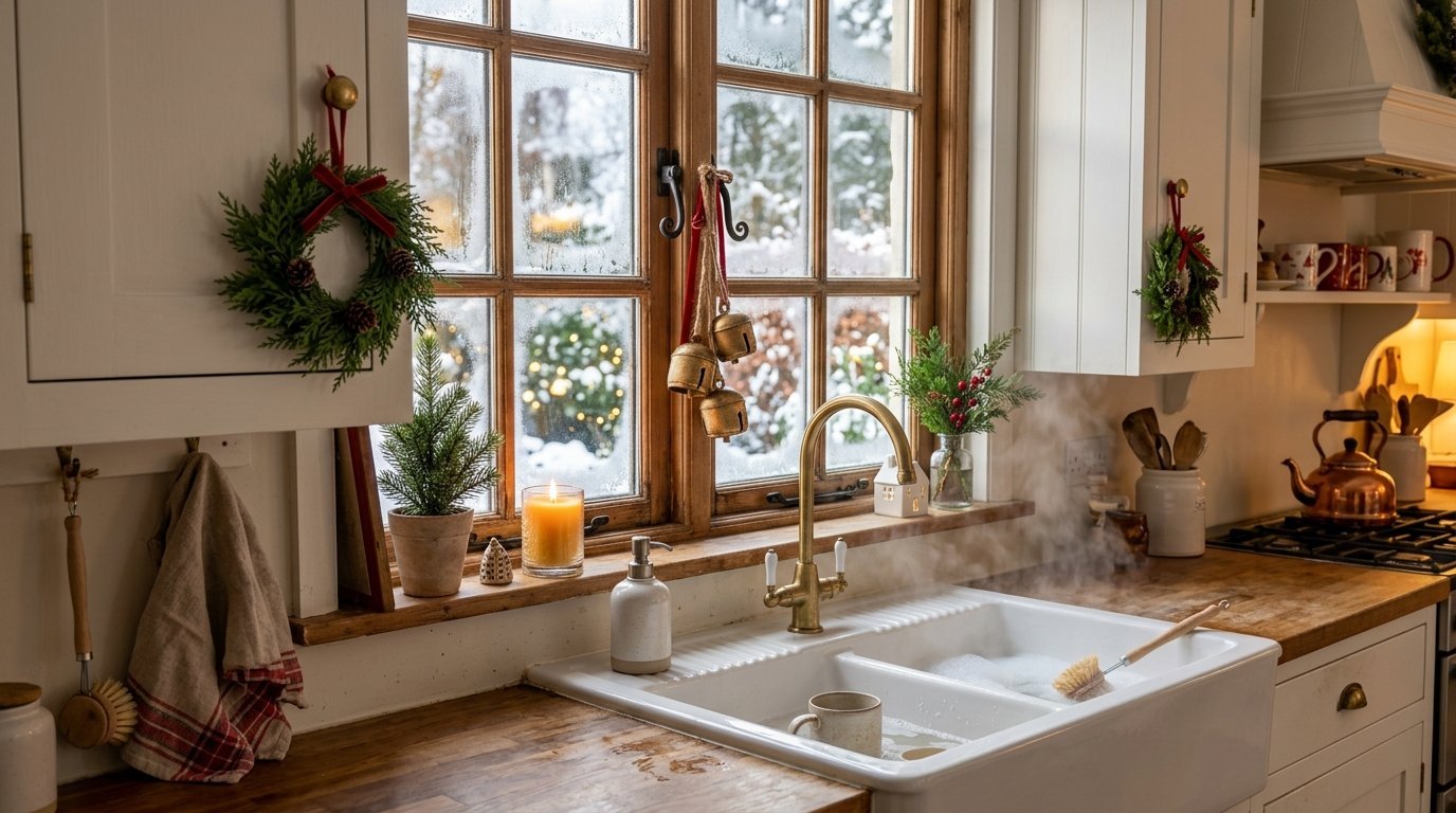 Steaming farmhouse sink with festive wreaths, pine accents, and a candle in front of a frosted winter window.