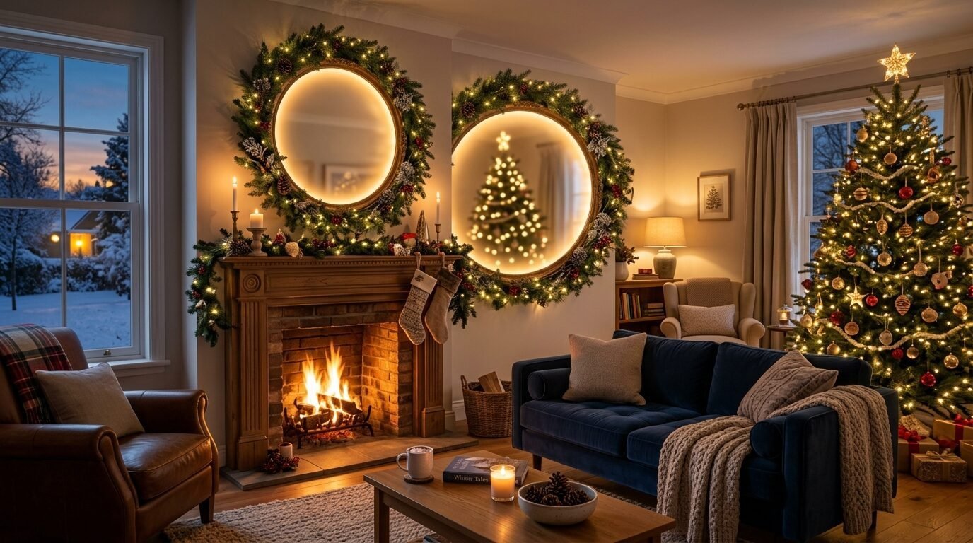 A warm living room with a fireplace, two lit wreaths on the wall, and a decorated Christmas tree in the corner.